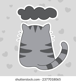 The gray cat was offended and turned away, a gloomy kitten with a cloud over his head, not in the mood. Sticker in doodle or cartoon style.