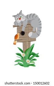 Gray cat on a birdhouse listens to the song birds