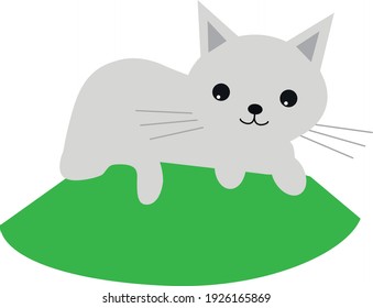 Gato gris sobre una almohada verde. Ilustración vectorial aislada en fondo blanco.