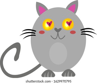 gray cat with orange shining eyes and heart-shaped patterns cute and funny cartoon character concept of pets and lovers day object on a white background