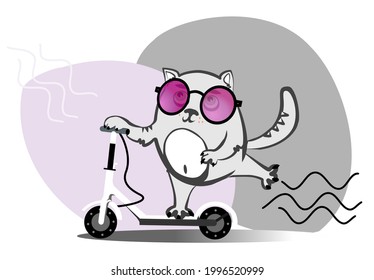 Un gato gris con gafas rosas monta una moto. Estilo de caricatura.