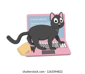 Gray cat and a pink laptop with a screen of death. The cat ruined the laptop. 