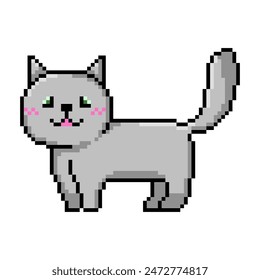 Gray cat in pixel graphics. Cute kawaii cat for retro game. Vector illustration