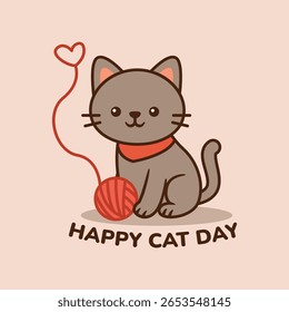 Gato cinzento brincando com uma bola de fio vermelho usando um cachecol bonito. Feliz Dia do Gato Desenho Animado Ilustração.