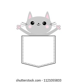 Gray Cat In The Pocket. Holding Hands Up. Cute Cartoon Animals. Kitten Kitty Character. Dash Line. Pet Animal . White Background. T-shirt Design. Baby Collection. Flat Design Vector Illustration