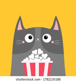 Gray cat popcorn box. Cute cartoon funny character. Kids print for tshirt notebook cover. Cinema theater. Film show. Kitten watching movie. Yellow background. Isolated. Flat design Vector illustration
