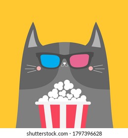 Gray cat and popcorn. Cinema theater. Cute cartoon funny character. Film show. Kitten watching movie in 3D glasses. Kids print for tshirt notebook cover. Yellow background Isolated. Flat design Vector