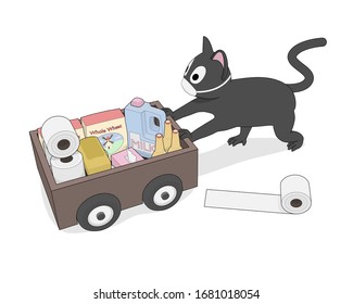 Gray cat is pushing the cart with food and drink. Cartoon cat with a respiratory mask on his face is helping his owner.