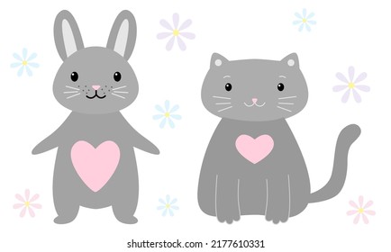 Gray cat and rabbit are made in the same style with pink hearts on chest. Childrens animals pets for decoration, for web design, for decoration isolated on white background. Vector illustration