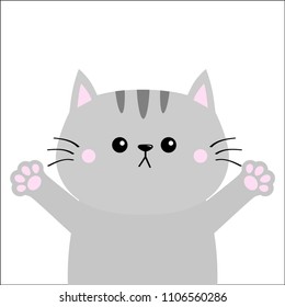 Gray cat ready for a hugging. Open hand pink paw print. Kitty reaching for a hug. Baby card. Funny Kawaii animal. Cute cartoon character. Pet collection. Flat design White background. Vector