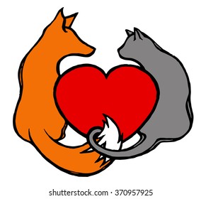 Gray cat and red fox holding a heart hand drawn full colored vector illustration for saint valentine's day card