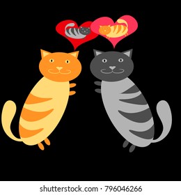 Gray cat and red cat hugging nearby and thinking about each other on black
Â  background. Vector illustration.