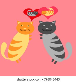 Gray cat and red cat hugging nearby and thinking about each other on the pink
Â  background. Vector illustration.