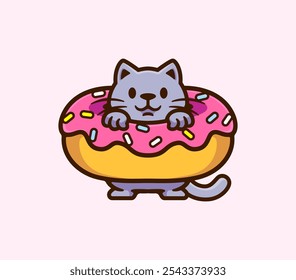 Gray Cat Relaxing Inside a Colorful Pink Frosted Donut with Sprinkles, Perfect for Pet Lovers and Dessert Enthusiasts Adorable Cartoon Illustration