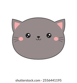 Gray cat round head face line contour silhouette icon. Pet collection. Cute cartoon funny character. Pink ears, blush cheeks. Funny kawaii smiling doodle animal. Flat design White background. Vector