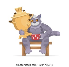 A gray cat with a samovar and a red cup is sitting on a chair. Vector illustration depicting an animal. 