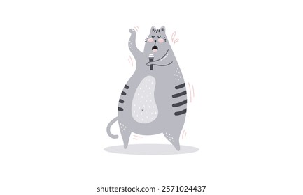 Gray cat singing with microphone. Cartoon illustration of a singing cat isolated on white background. Music and entertainment concept. Design for poster, banner, greeting card, and print