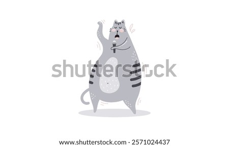 Gray cat singing with microphone. Cartoon illustration of a singing cat isolated on white background. Music and entertainment concept. Design for poster, banner, greeting card, and print