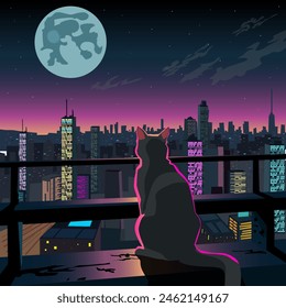 A gray cat sits on the background of the moon and the city. Cyberpunk style. There are neon colors. The painting conveys beauty, admiration, tranquility, and technological progress.