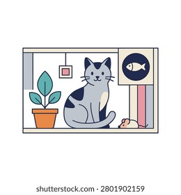 Gray Cat Sitting by Window Illustration Containing gray domestic cat sitting beside window with flower pots and indoor plants, home interior, cozy lifestyle, curious pet, and indoor illustration. Flat illustration
