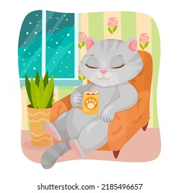 A gray cat is sitting in a chair. Home comfort. Cocoa in a cup with marshmallows. Pet. Kitten. Wind illustration.