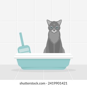 A gray cat sitting in a cat litter box in the bathroom. Flat vector illustration