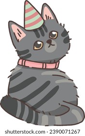 The gray cat is sitting and look at you with cute face on white background in cartoon style.