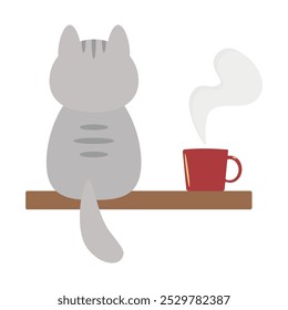 Gray cat sitting on a brown table next to red coffee cup vector illustration