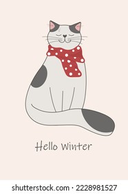 Gray cat sitting in red scarf. Winter illustration of cute little animal for Christmas holidays