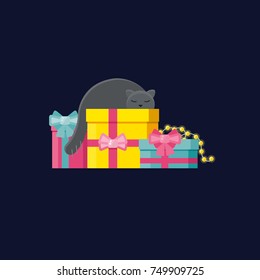 Gray cat sleeping on Christmas gifts. Isolated vector illustration on dark blue background