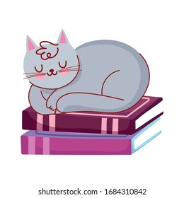 gray cat sleeping on stack of books, book day vector illustration