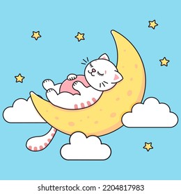 The gray cat sleeps on the moon. Sky stars and clouds. Childrens print. Vector illustration.