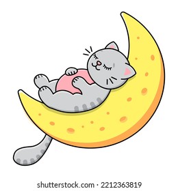 The gray cat sleeps on the moon. Sky stars and clouds. Childrens print. Vector illustration.