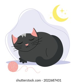 Gray cat sleeps on a purple background with the moon and stars. Vector illustration. Animals, wallpaper, print.