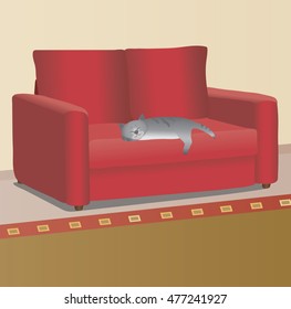 The gray cat sleeps on the red sofa. Vector illustration