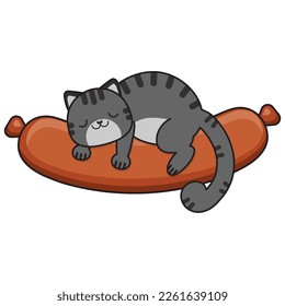 The gray cat sleeps on a sausage. Vector illustration