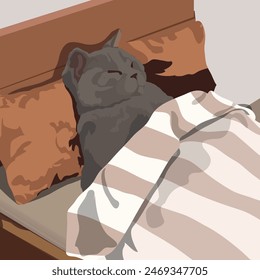 A gray cat sleeps in a small bed. Meme. The illustration is made mainly in warm colors. The picture conveys calmness, relaxation, pleasure.