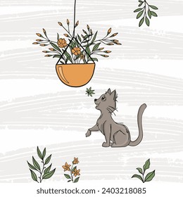Un gato gris olía una flor aromática. Sonrisas grises oliendo una flor sobre un fondo blanco aislado, ilustración vectorial para impresiones y pegatinas o decoración de paredes, insignias para medios sociales