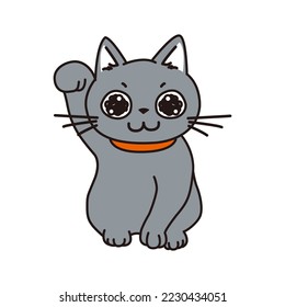 A gray cat with sparkling eyes that poses as a beckoning cat.