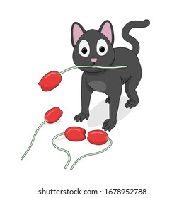 Gray cat with tulips. Cartoon cat is holding a red tulip in his mouth now.
