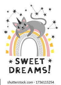 Unicornio de gatos grises sobre un arco iris con estrellas. Dulces sueños imprimir. Ilustración infantil.