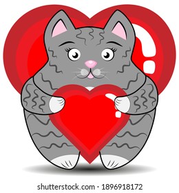 Gray cat with valentine. A kitten with a heart is sitting.