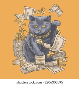 gray cat vector illustration design filled with money and gold around it