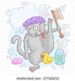 The gray cat washes paw