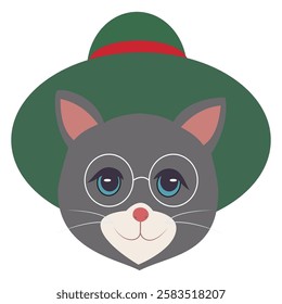 Gray cat wearing green hat and glasses. Vector illustration.