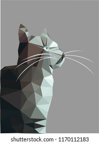 Gray cat white eyes isolated on gray background, light gray kitty low polygon, animal crystal design illustration, modern geometric graphic.