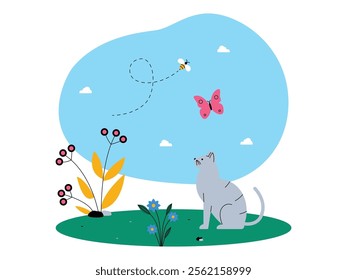 Gray cat with white stripes is sitting on the green grass, there is a bee flying chasing a pink butterfly, there are some blue flowers and plants with red fruits, ecosystem vector illustration.