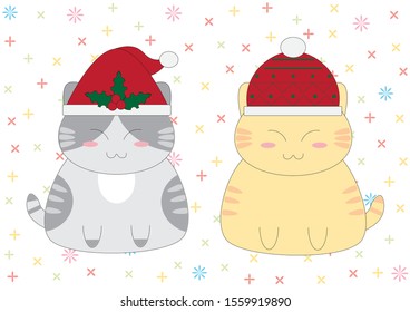 Gray cat and yellow cat, with a Christmas hat