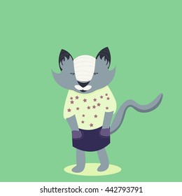 Gray cat in yellow clothes