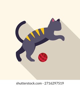 Gato cinzento com listras amarelas saltando para pegar uma bola vermelha de fio, felino lúdico desfrutando de tempo de jogo